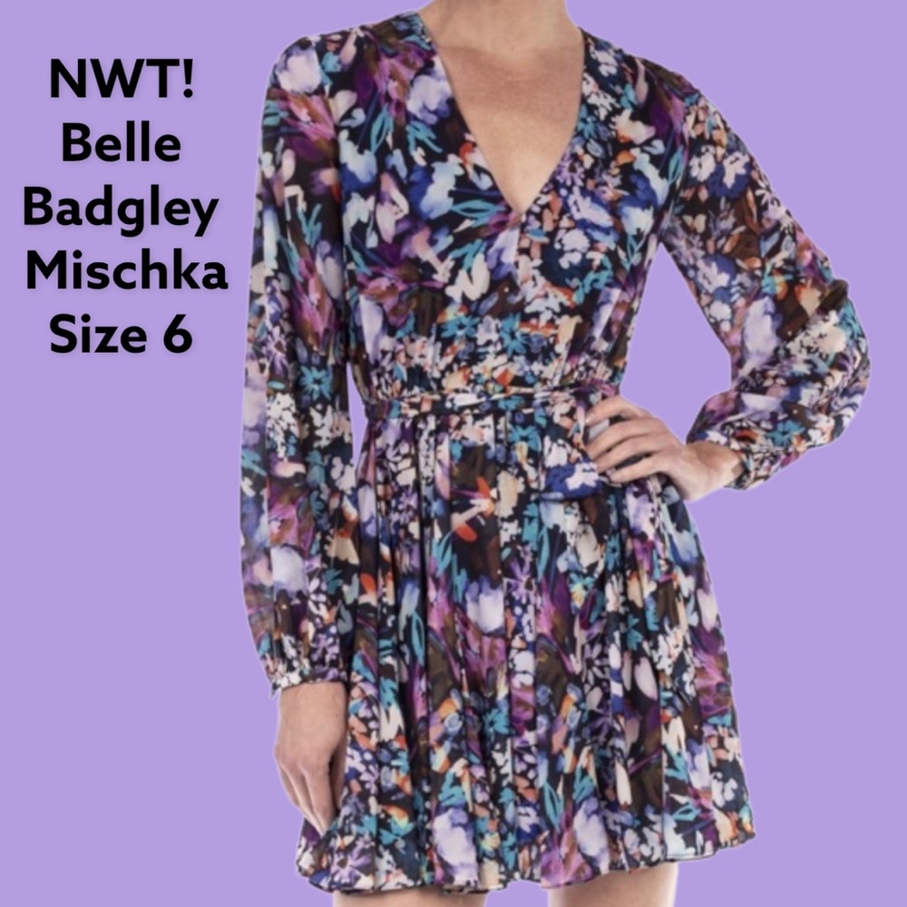 BELLE BADGLEY MISCHKA BLUE PURPLE MULTICOLOR FLORAL V-NECK MINI DRESS - Picture 1 of 16